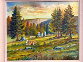 78.5 x67/ A. Jaggi 1968/  Ölgemälde Berge Kühe Landschaft
