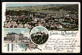 Lithographie Winterthur, Totalansicht aus der Vogelschau, Ba