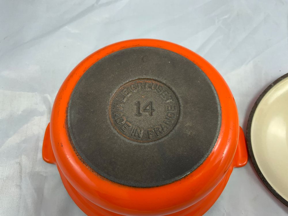 Vintage Le Creuset #14 Cast Iron Yellow/Orange SaucePan W/ Lid Wood Handle