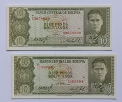 2 Banknoten Bolivien 10 Pesos Bolivianos (1962) – UNC Paar
