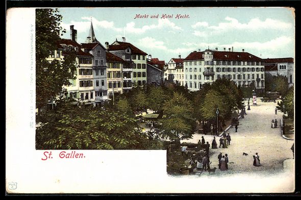 Cartoline postali: AK St. Gallen, Markt & Hotel Hecht – Usato da Berlin venduto da bartko-reher