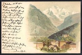 Litho Interlaken, Ortspartie mit Bergen