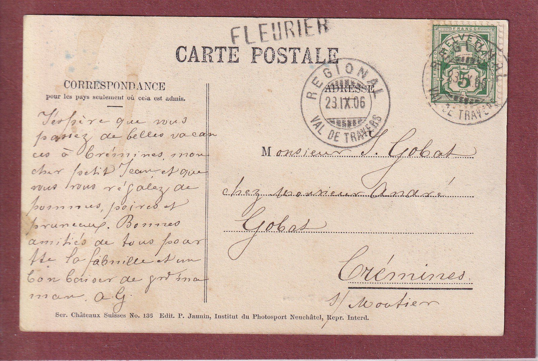 Cartes postales: Travers - Château - 1906 – D'occasion à Orvin par Pyaeschli 1
