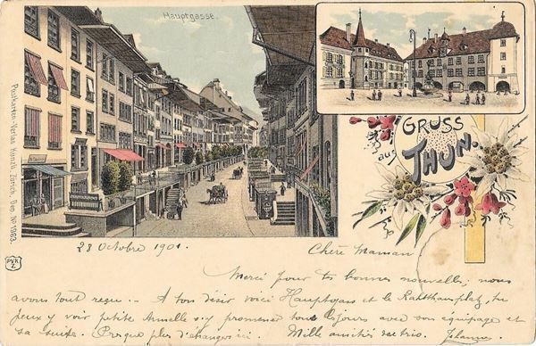 Cartoline postali: Thun Lithografie 2 Bilder mit Hauptgasse – Usato da Olten venduto da clotaldi