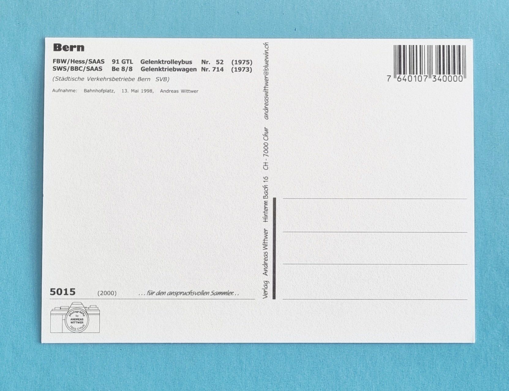 Cartoline postali: Bern - Trolleybus und Strassenbahn - SBV - 1998 – Usato da Rothrist venduto da RROENK 1