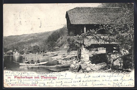 Cartoline postali: Fischerhaus am Thunersee, Ortsansicht mi – Usato da Berlin venduto da bartko-reher