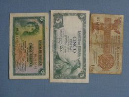 3x alte 1 & 5 Peseten Noten, Spanien, Vintage, Top Zustand