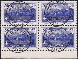 1914, 5 Fr. Landschaften "Rütli" Nr. 130 Viererbl. von BASEL