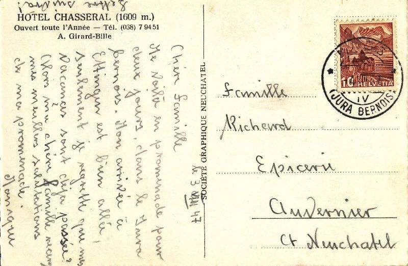 Cartoline postali: Chassral - Hôtel du ... + 1947 – Usato da Emmenbrücke venduto da teestube 1