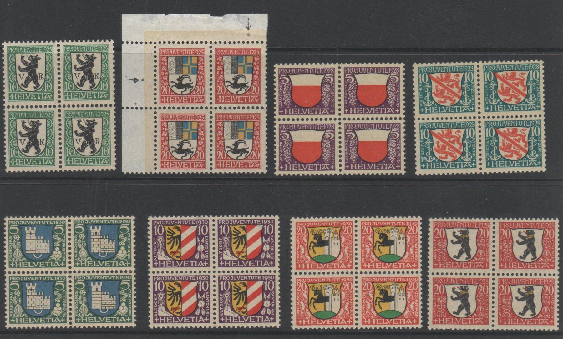 Tutti i francobolli: Lot Pro Juventute Viererblocks 1925-1930 ** – Usato da Remetschwil venduto da Hofiii