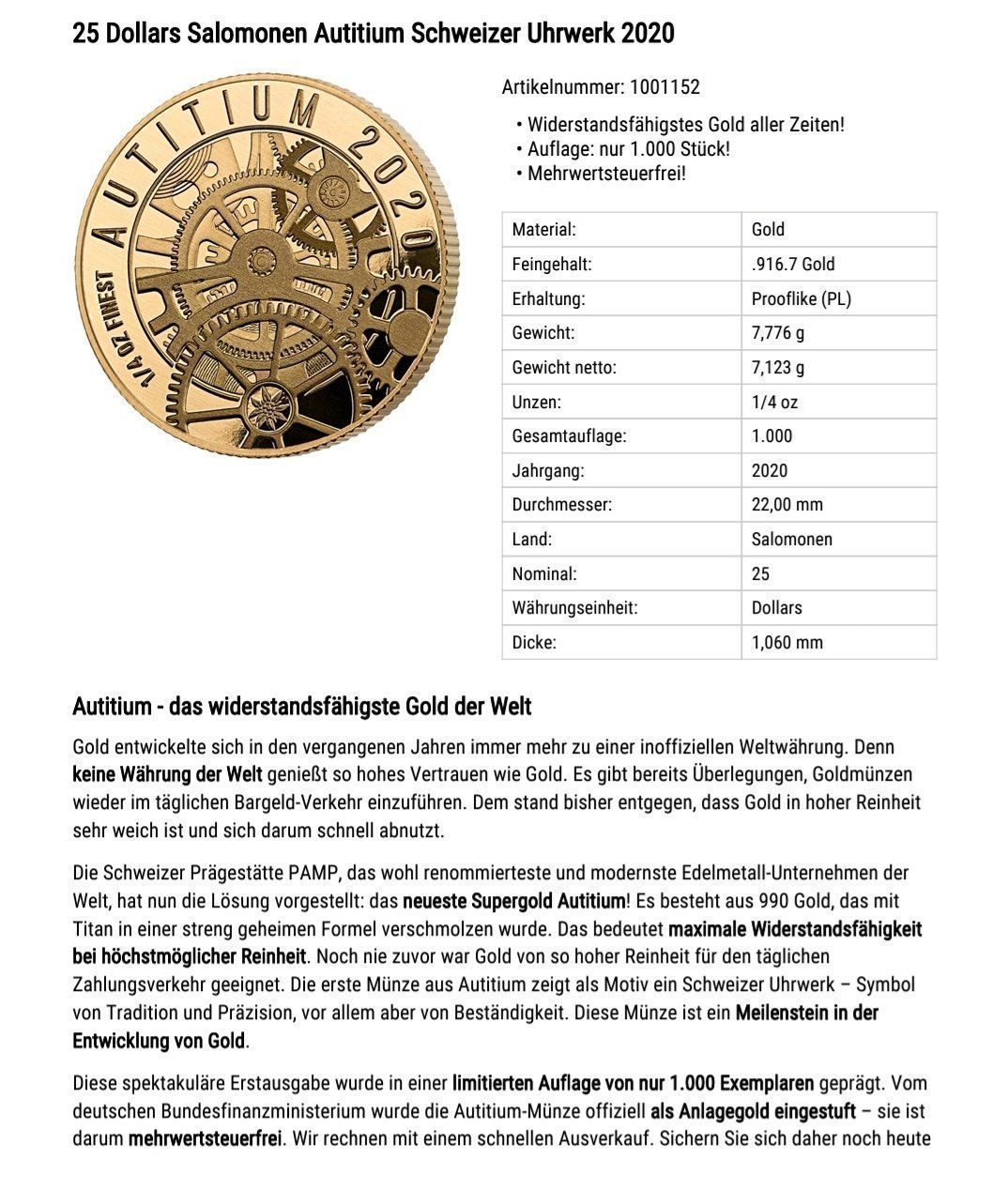 Tutti le monete: Goldmünze Autitium – Usato da Oberstammheim venduto da hil_6vfb 3