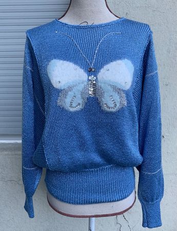 Splendide pull tricoté main fin PIÈCE UNIQUE papillon t.S-M
