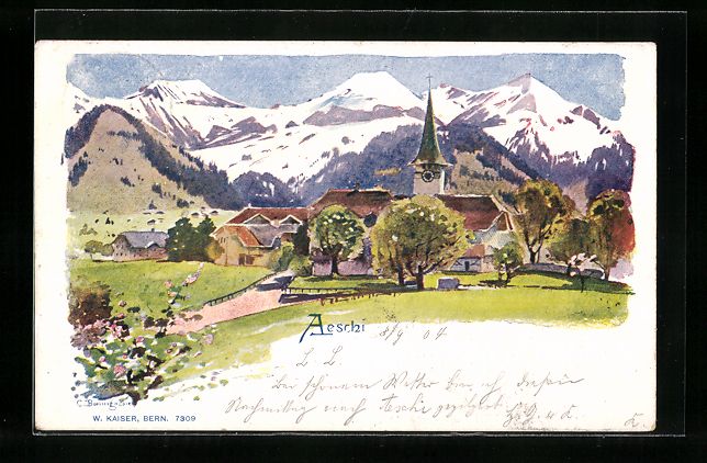 Cartoline postali: Aeschi, Ortspartie mit Kirche, 1904 – Usato da Berlin venduto da bartko-reher