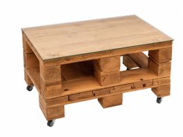 Handgefertigter Palettentisch Glasplatte & Rollen, Unikat