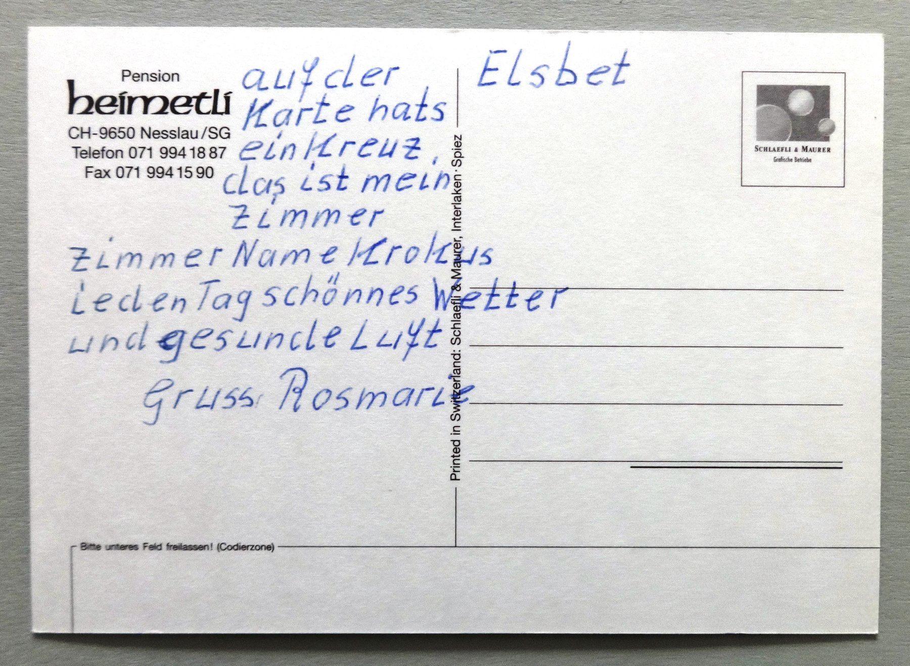 Ansichtskarten: Pension Heimetli, Nesslau/SG – Gebraucht aus Fétigny von Billy2miny 1