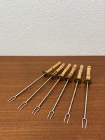 6x Bambus Gabel mit Messing Schild vintage Fonduegabeln 50er