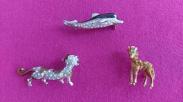 Vintage Broschen 3 St. Pferd Delfine Katze 70er & 90er Jahre