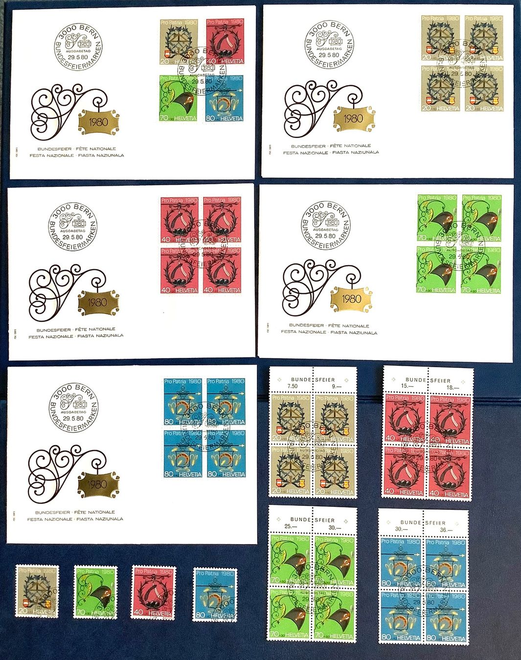 Alle Briefmarken: 1980 Pro  Patria FDC / FDC 4er / Viererblock + Einzel ET – Neu (gemäss Beschreibung) aus Liestal von Skunk02