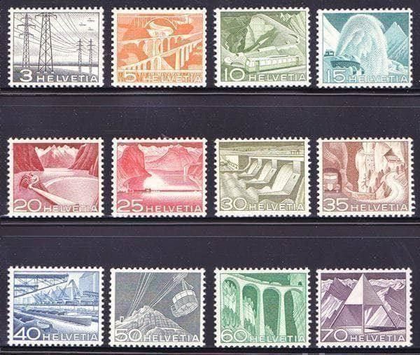 Tutti i francobolli: 1949 SATZ  Technik + Landschaft  ** Postfrisch ** 3Rp.-70Rp. – Nuovo (secondo la descrizione) da Adliswil venduto da Aenti