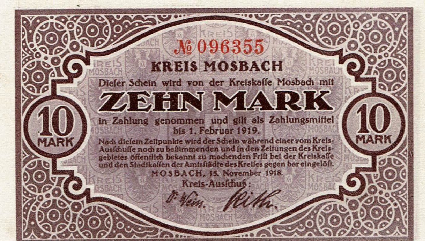 Banconote: Mosbach 10 Mark 01.02.1919 VZ++-UNZ – Usato da Steffisburg venduto da ber_8htf