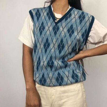 Vintage Argyle Strickweste, Blau-Weiss, Top Zustand!