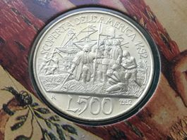 ITALIA**500 Lire Silbermünze Scoperta America 1992 C. Colum.