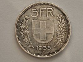 5 Franken 1935 Bundesstat HELVETIA Silber Münze gut erhalten