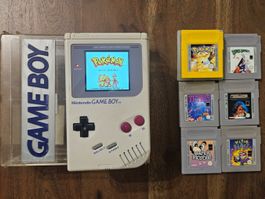 Gameboy Classic mit Licht + 6 Spiele & Box (Pokémon)