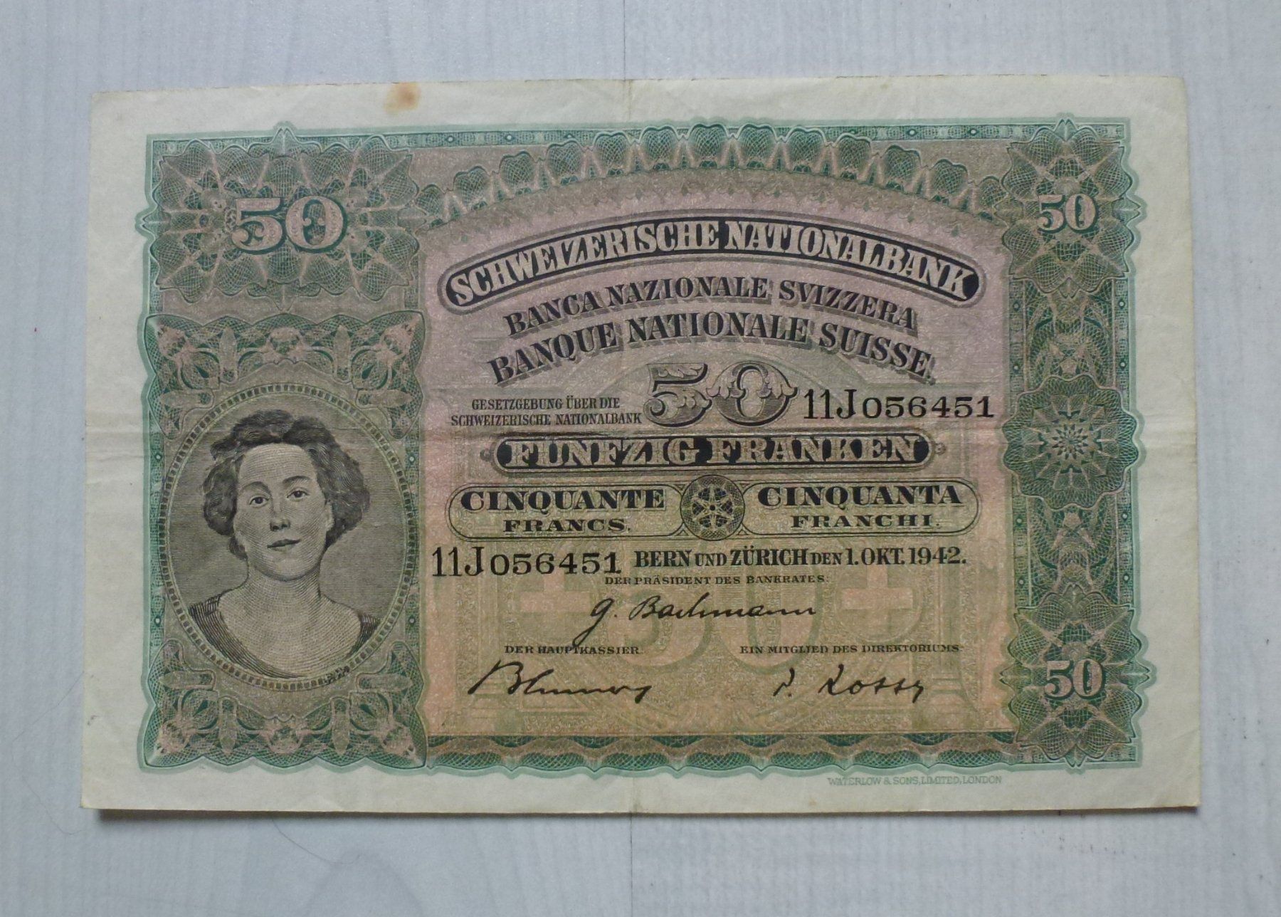 Banknoten: Schweiz ++ 50.- Franken 1942 – Gebraucht aus Walkringen von Casablanca777