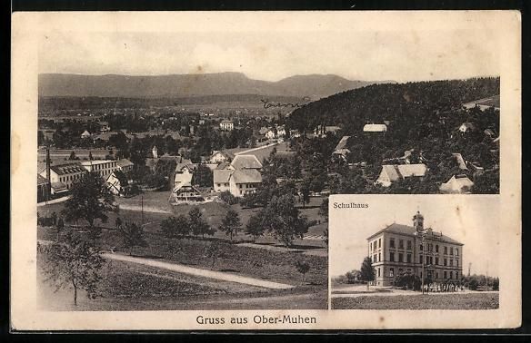 Cartoline postali: Ober-Muhen, Schulhaus, Ortsansicht mit B – Usato da Berlin venduto da bartko-reher