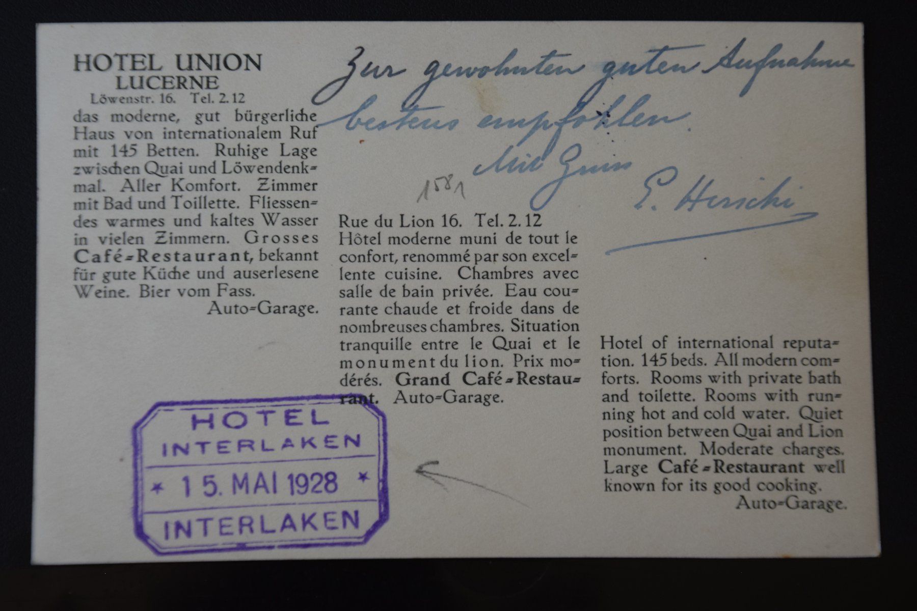 Cartes postales: AK Luzern, Hotel Union 1928 – D'occasion à Luzern par CH2018 1