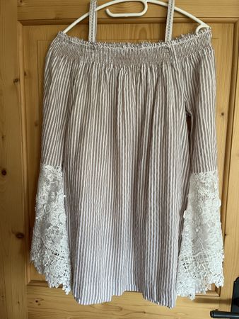 Joyce & Girls Bluse, Gr. M, Beige/Weiss gestreift, Spitze