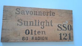 Antikes Holzbrett mit Firmenlogo Savonnerie, Radion