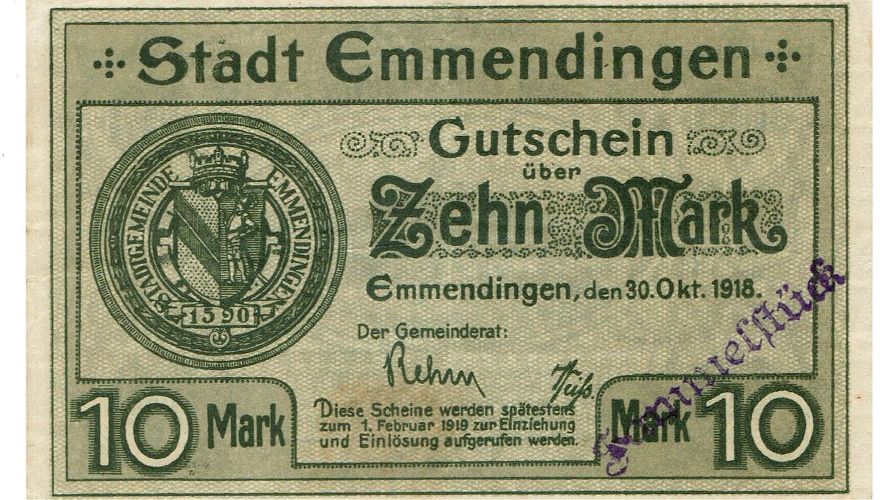 Banconote: Emmendingen 10 Mark 30.10.1918 VZ+-VZ++ – Usato da Steffisburg venduto da ber_8htf