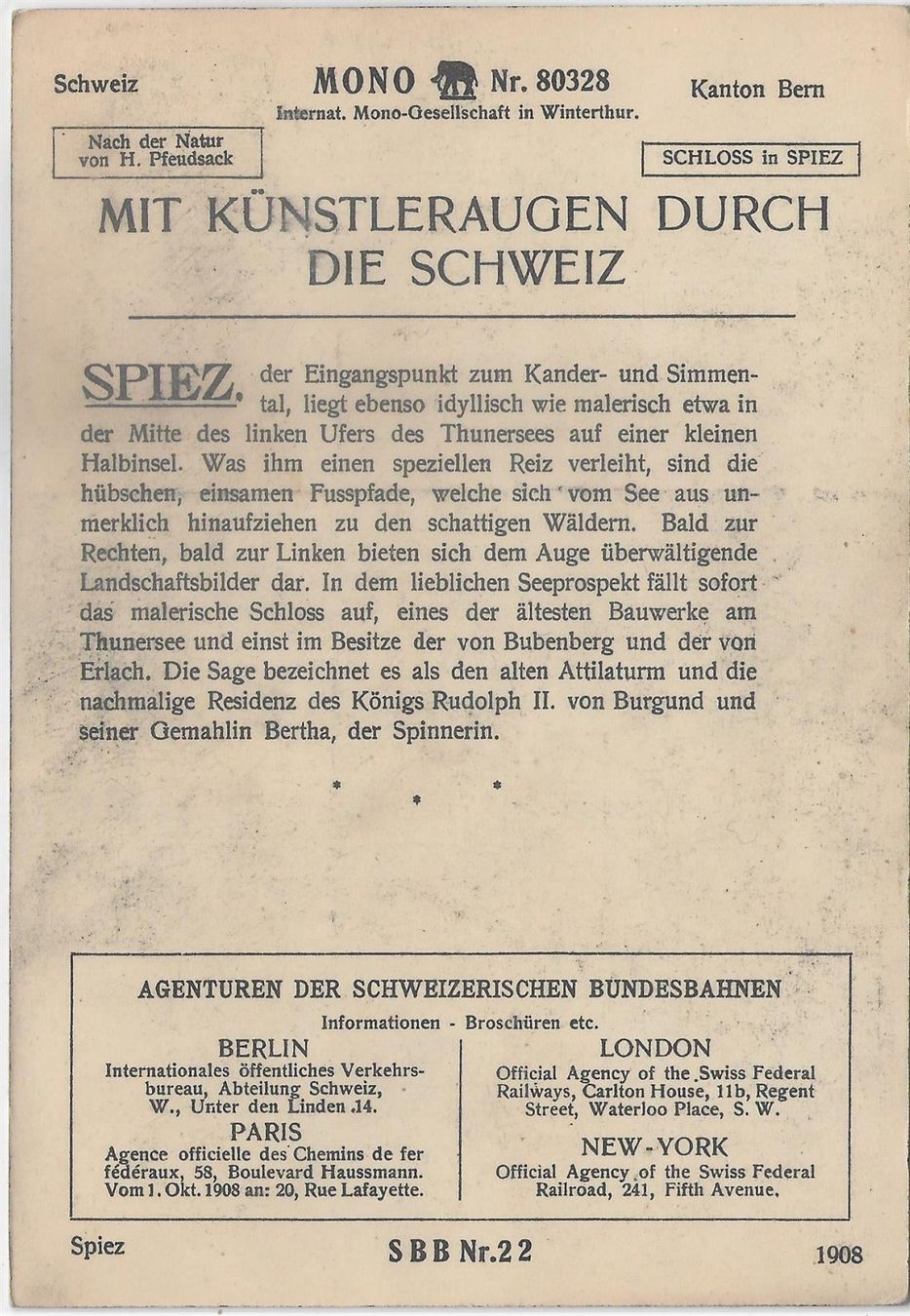 Cartoline postali: Carte Mono - SBB No. 22 - Spiez – Usato da Ettingen venduto da Kartenplanet 1