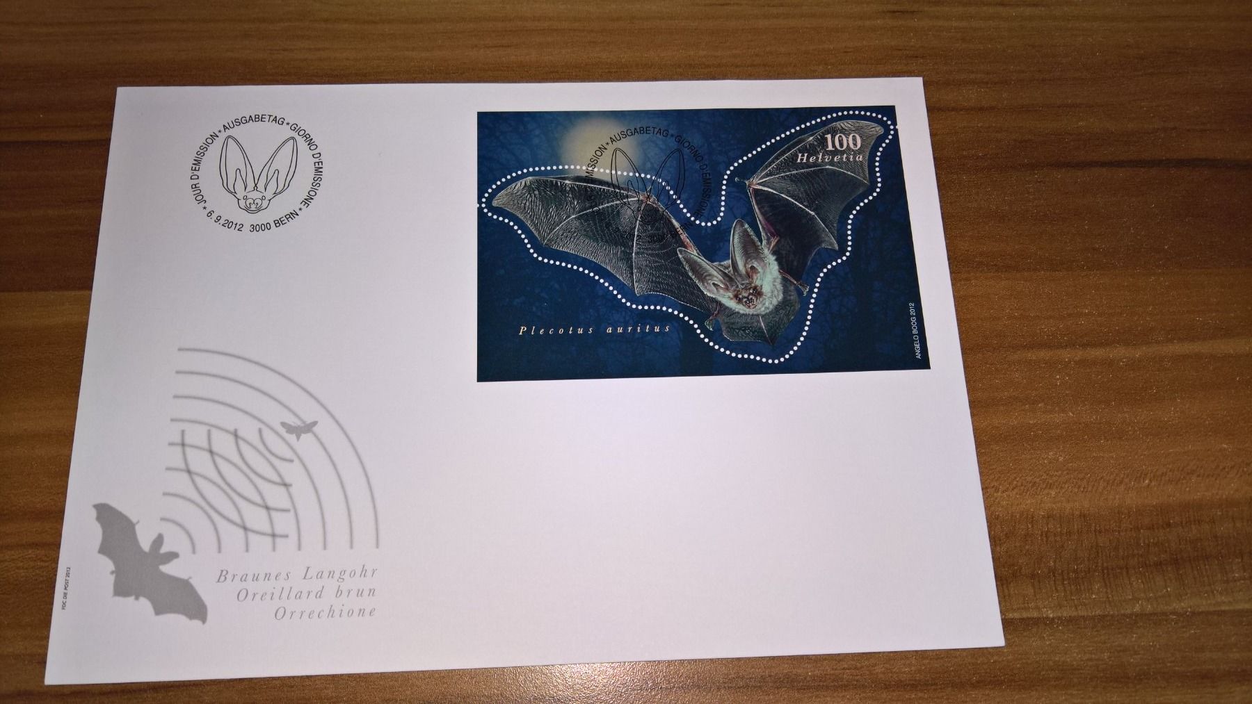 Tutti i francobolli: FDC Fledermaus braunes Langohr 2012, Format E6 – Usato da Rickenbach SO venduto da Bytebull