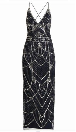 Abendkleid dunkelblau m 38 mit silberner stickerein