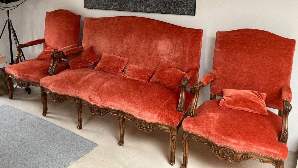 Canapé + Fauteuil Marron – Simili Cuir, 100x80cm, Occasion Bon état