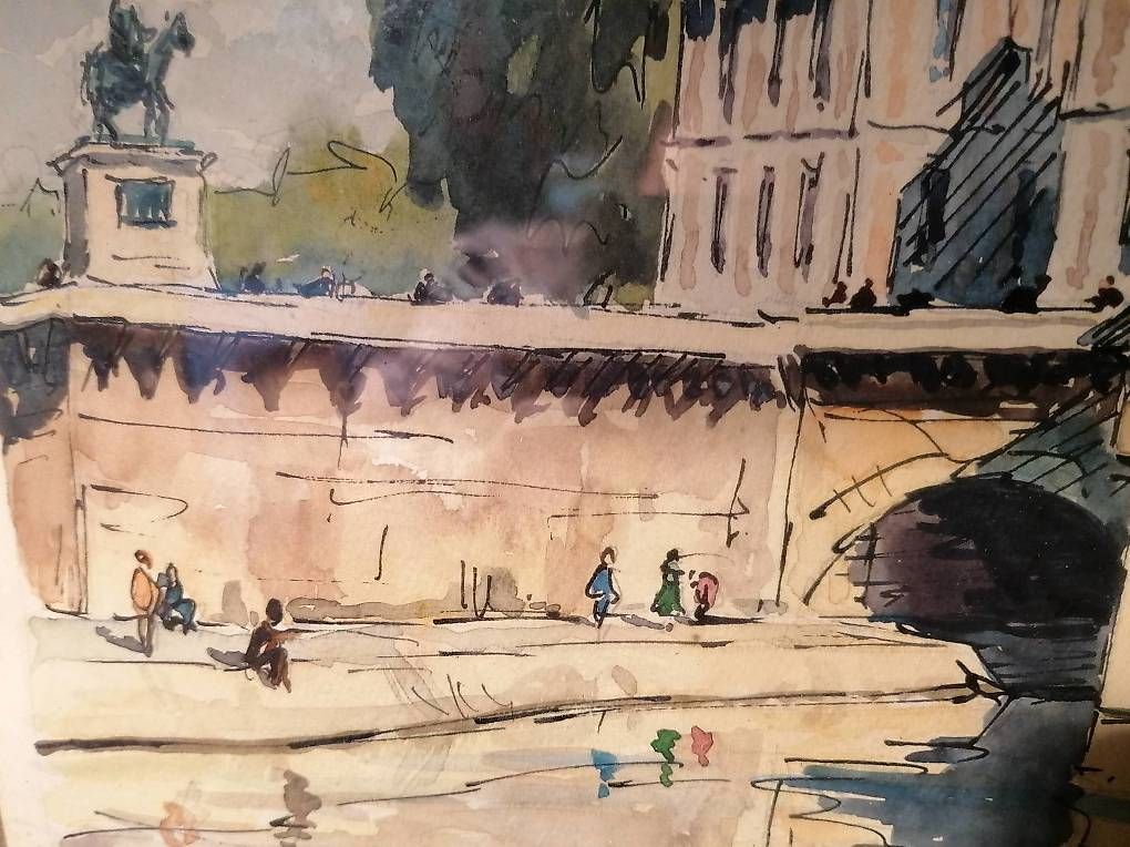 Gemälde: Aquarelle pont neuf Paris signée. – Gebraucht aus St. Maurice von Benoit12 1