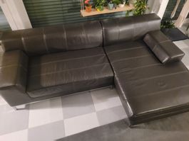 Ecksofa Echt-Leder dunkelbraun mit Recamiere, zweiteilig