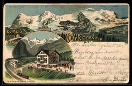 Lithographie Wengernalp, Gebirgspanorama mit Mönch, Jungfrau