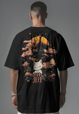 Tshirt Herren L schwarz Rückenmotiv Japan Katze Tempel