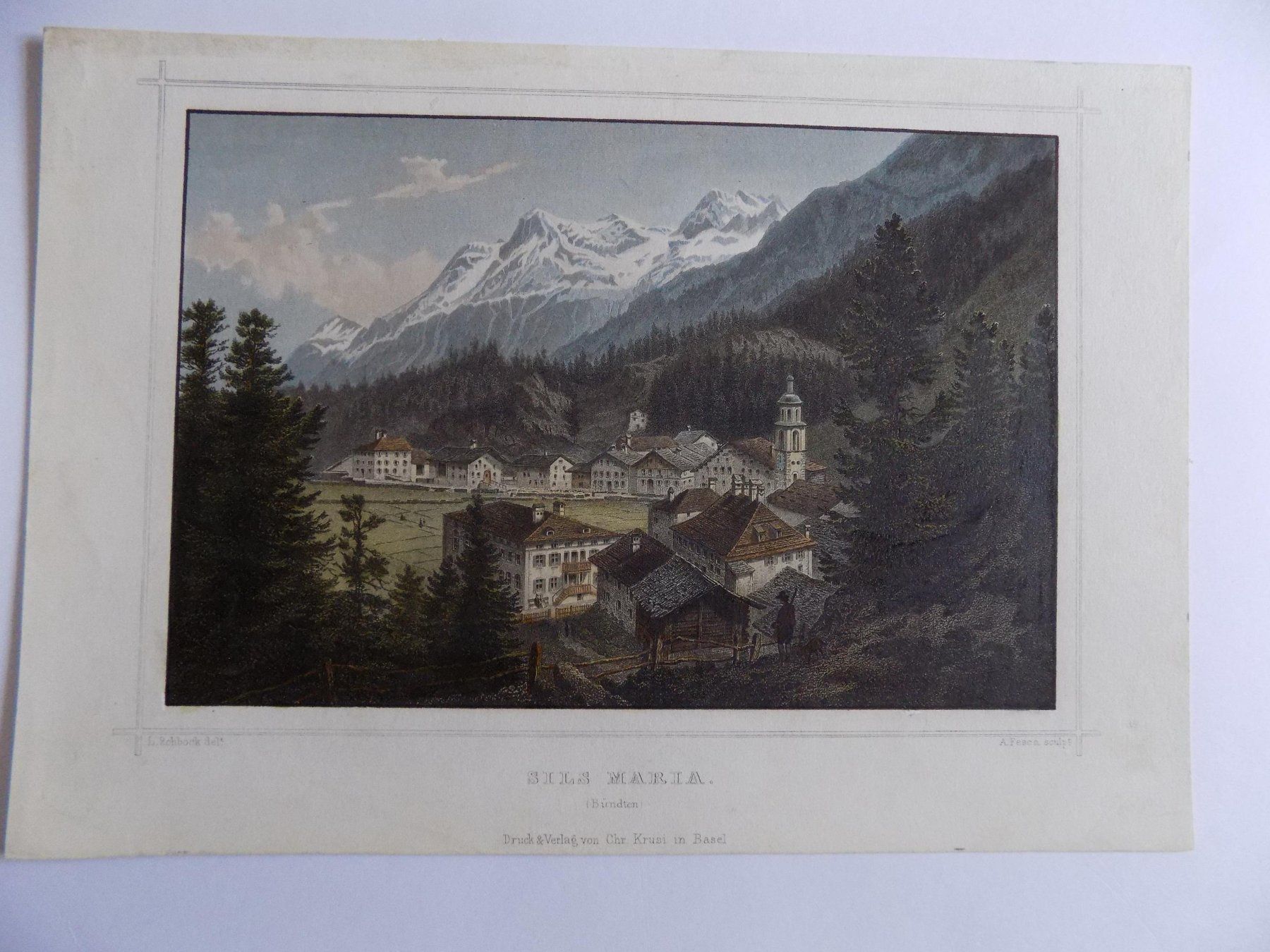 Incisioni: Sils Maria Engadin kolorierter Stahlstich Rohbock – Usato da Risch venduto da Antikfee 2
