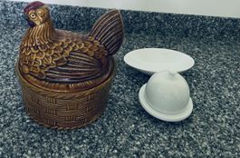 Vintage Keramik Hühnerdose / Vorratsdose + 2 Schalen