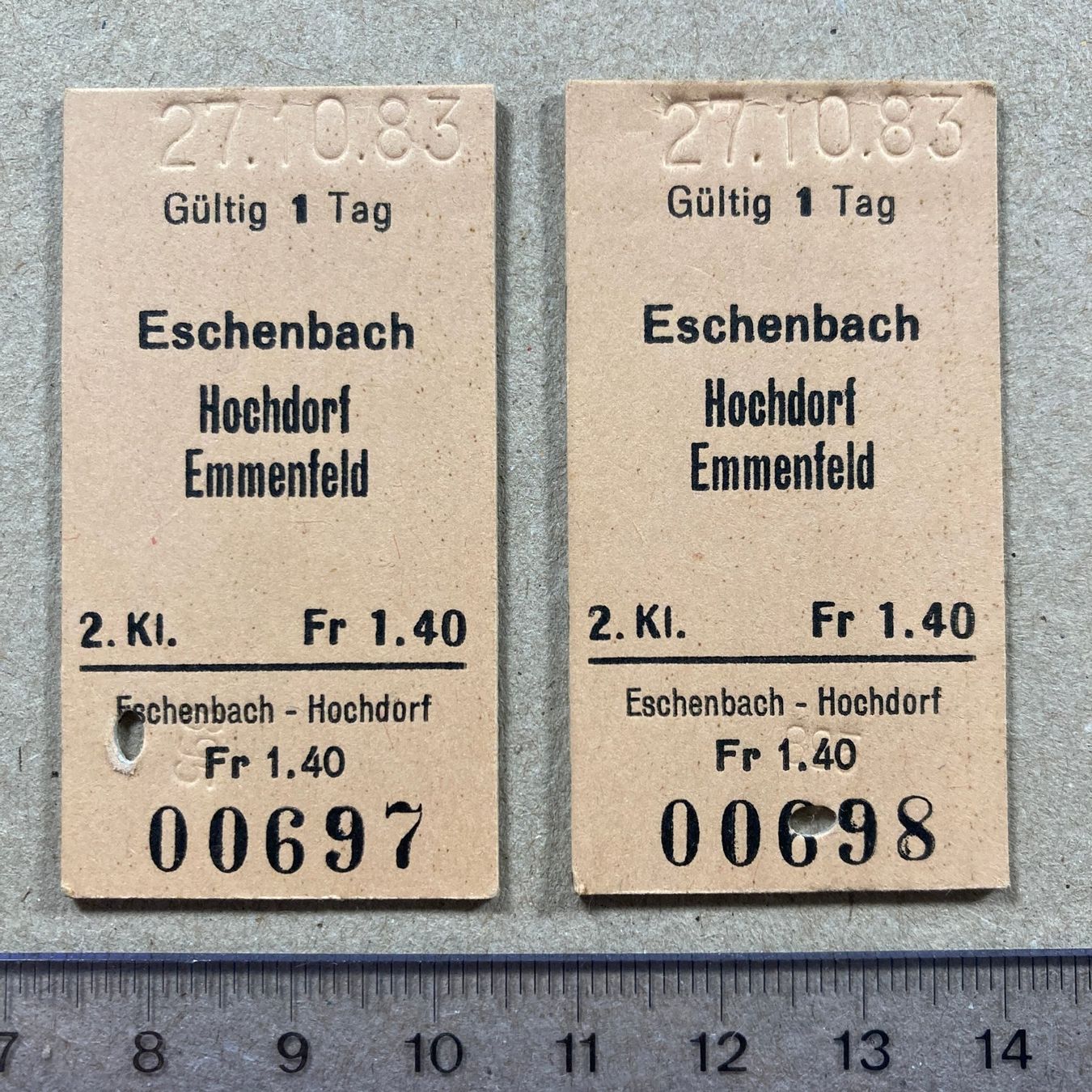 Biglietti: Eschenbach - Hochdorf / Emmenfeld, 2 Bahnbillette, SBB – Usato da Lenzburg venduto da fh1
