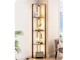 Eckregal Stehlampe LED, Holz Stehleuchte mit Fussschalter