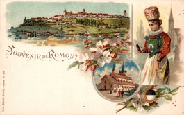 Souvenir de Romont. Kirche, Frau in Tracht