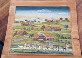 Bild mit Bauernhaus und Kühen, Bergszene, gemalt
