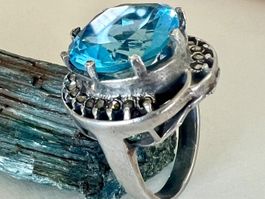 Vintage Art Déco Silberring – blauer Stein & Markasiten G54