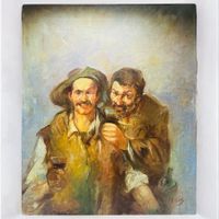 Peinture à l'huile vintage signée "Scène de taverne"